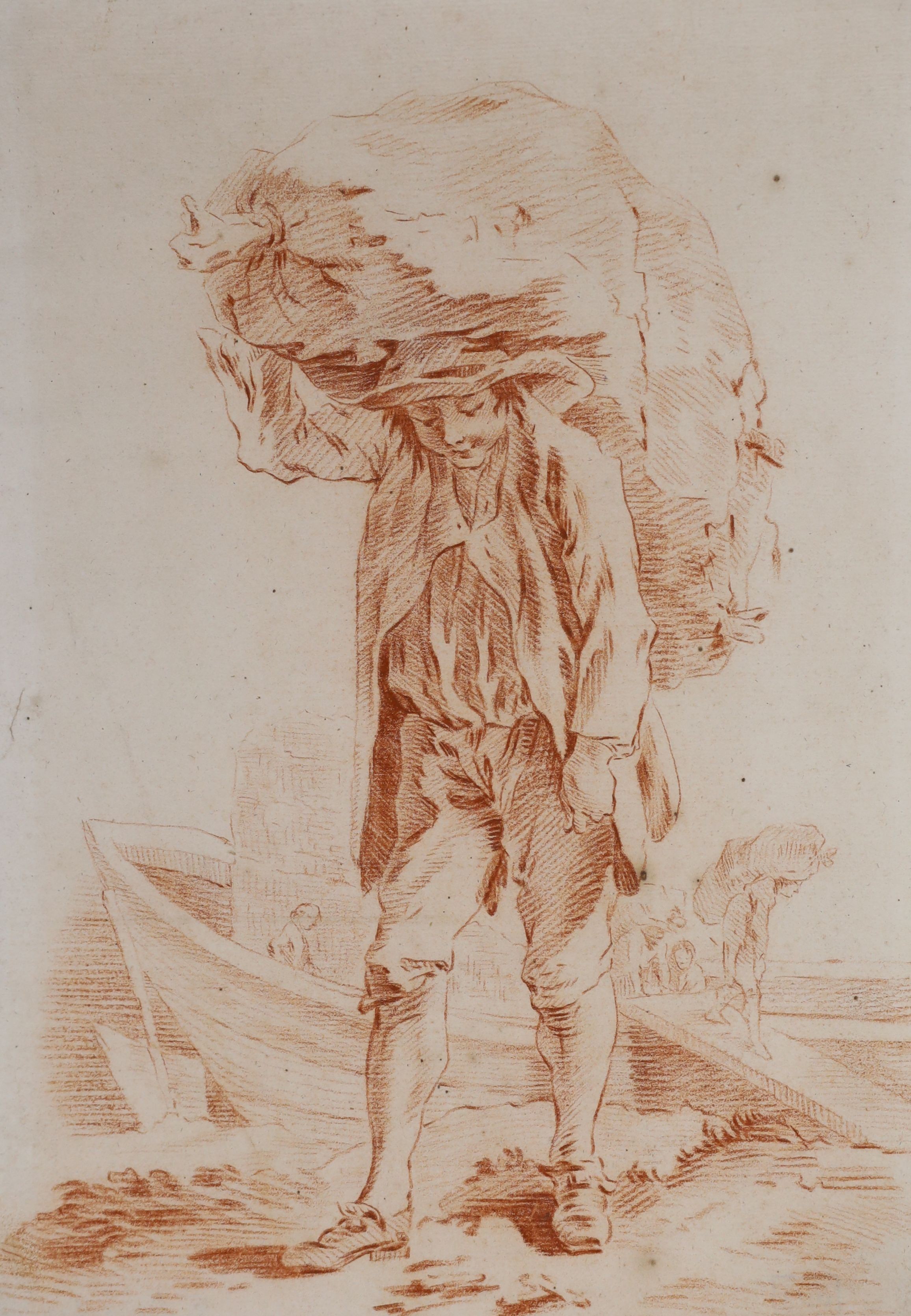 Attributed to Francois Boucher (French, 1703-1770), Porters unloading a barge and pushing a barrow, two sanguine chalk drawings on laid paper, 29 x 21cm, unframed